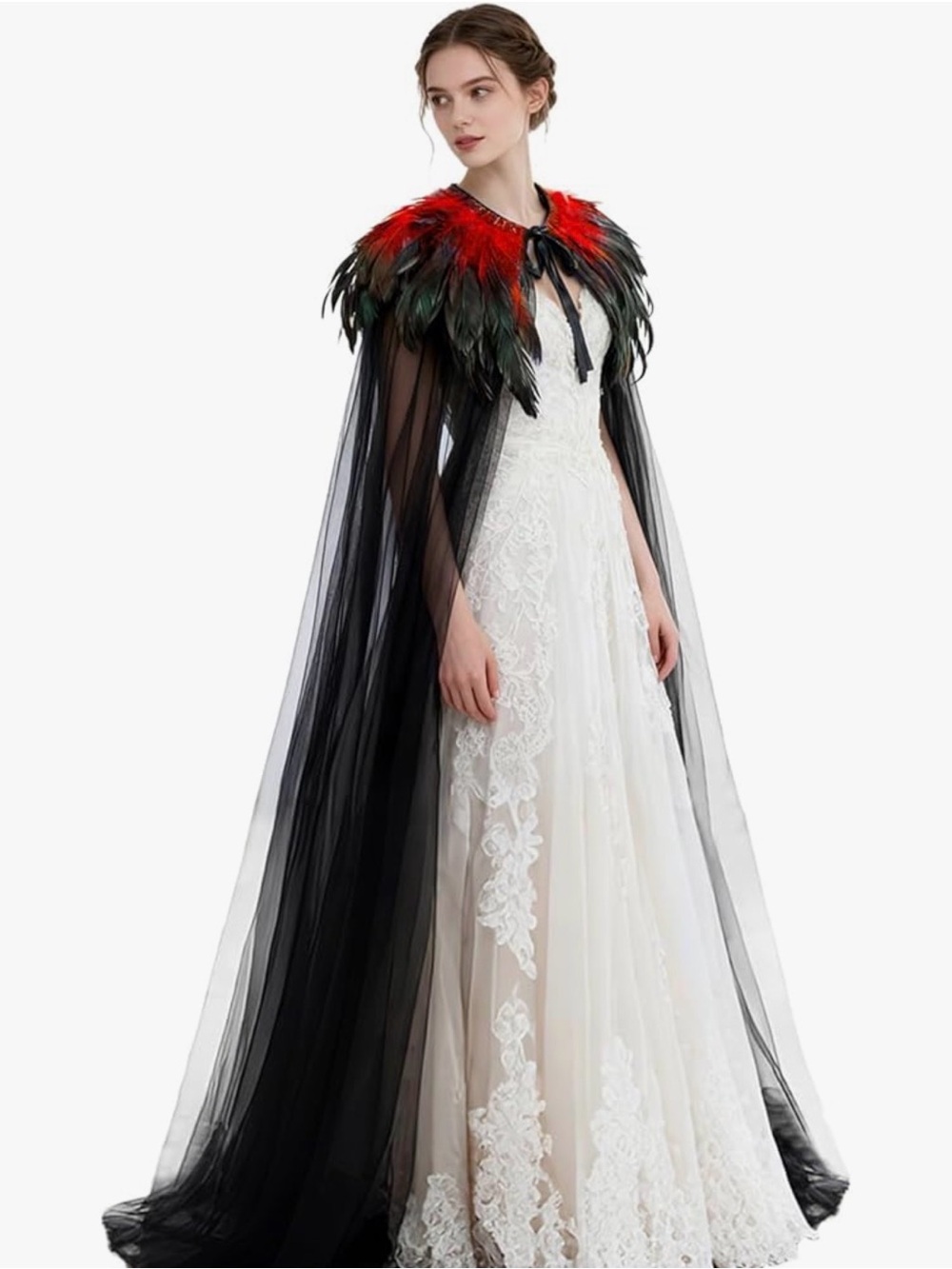Women's Black Sheer Feather Cape with Red Accents Witches Cape Cosplay Costume